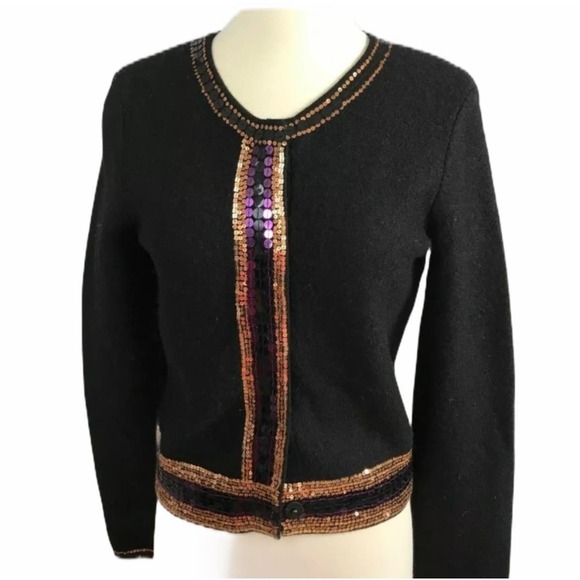CLUB MONACO Black Wool Cardigan Sequins Button Down Party Evening Medium 90s Y2K - Picture 8 of 8